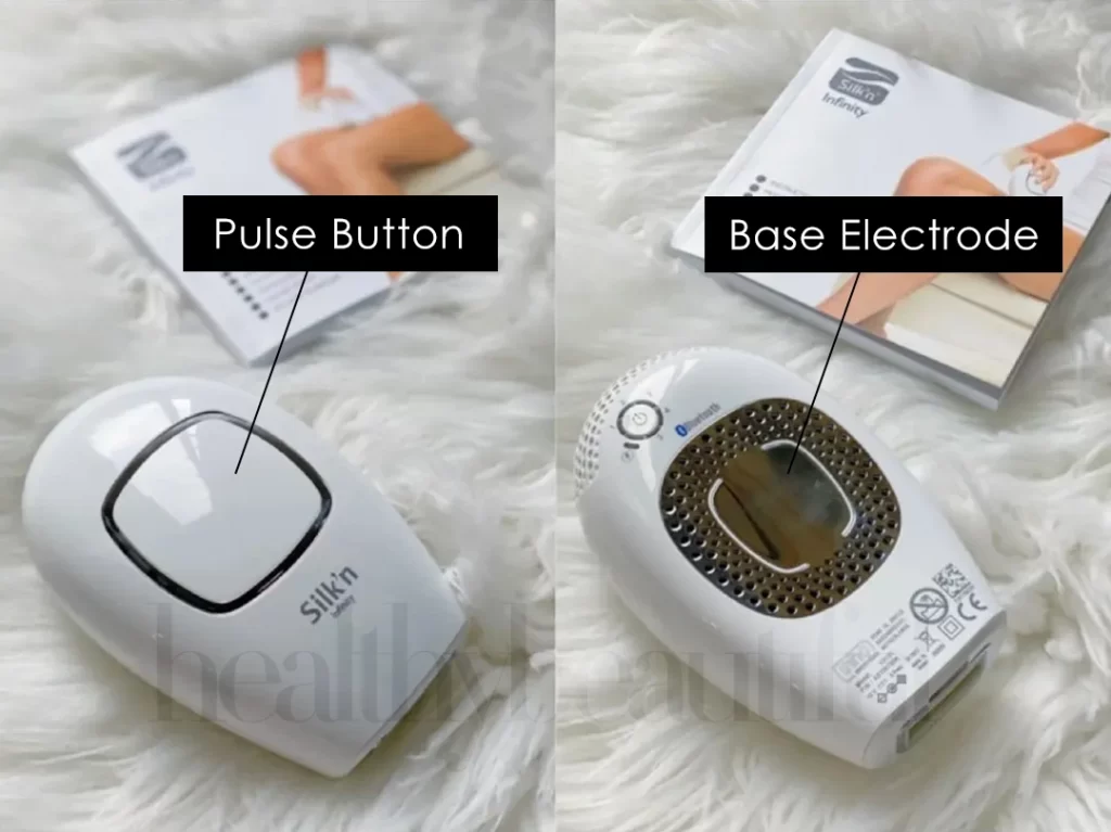 Silkn Infinity Image: The pulse button in front where you press and trigger a flash. You need to touch the base electrode on the back simultaneously to activate the galvanic energy.